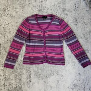 Y2K 2000s Pink Purple Striped Button Knit Cardigan Sweater X-Large